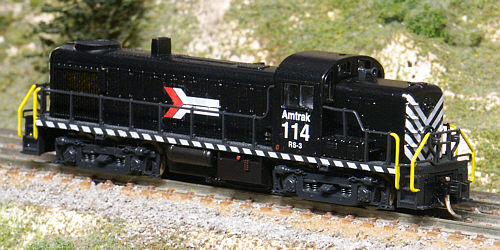 Kato RS-3 custom painted in Amtrak black. 